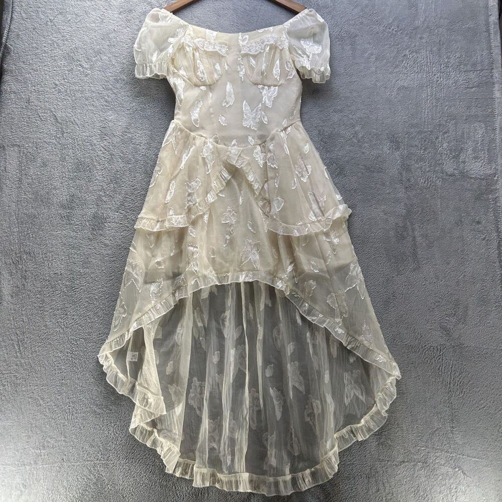 Y2K Butterfly Fairy Gown XS Ivory Wedding Whimsical Ethereal Shoulder Hi Low VTG